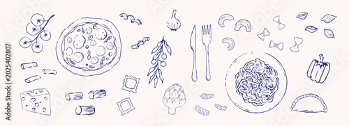 Bild auf Leinwand Italian food pizza and pasta hand drawn sketch