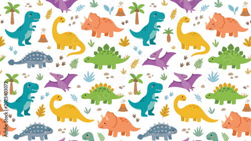 Colorful Cartoon Dinosaurs Pattern: A Whimsical Repeating Illustration of Prehistoric Reptiles.