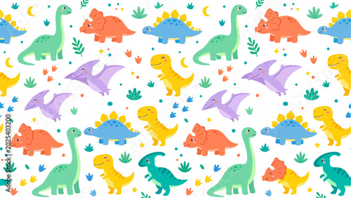 Whimsical colorful dinosaur pattern featuring cartoon creatures for kids decor.