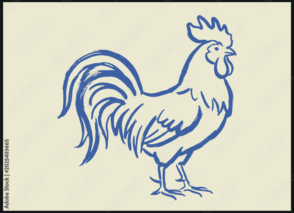 Fototapeta premium Elegant blue line drawing of rooster in profile facing right with detailed feathers on beige background showing calm artistic simplicity