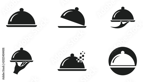 Restaurant cloche and food serving icon set