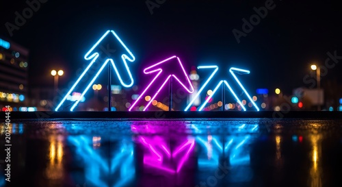 Neon Arrows Radiate Vibrance on Reflective Horizon, Illuminating Urban Nightscape with Energy