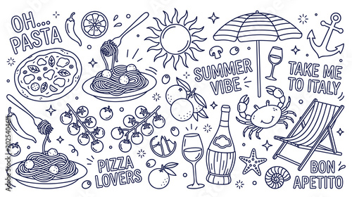 Photography Italian summer vacation doodle art with food and beach items.