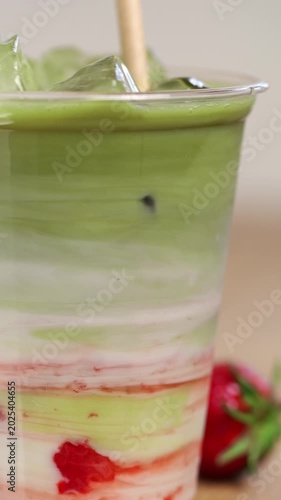 Process of making a strawberry matcha latte with fresh mashed berries. Ingredients of strawberry matcha in a plastic cup, mixed with a straw.