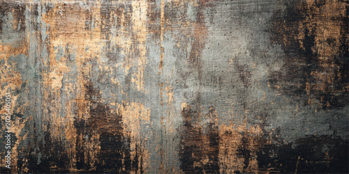 A weathered vintage backdrop featuring a rough grunge pattern of old brown wood texture and dirty rusty metal surface with peeling paint