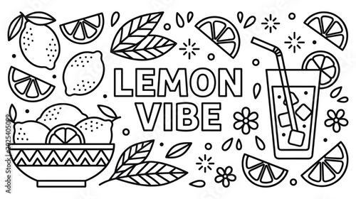 Foto Lemon vibe hand drawn set with fresh fruit and citrus drink theme