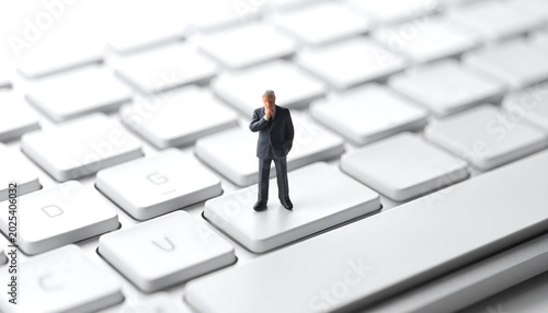 Miniature businessman contemplating on computer keyboard conceptual office scene
