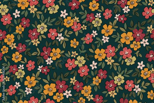 Seamless floral pattern, abstract ditsy print of tiny hand drawn plants in country fashion motif. Cute botanical design of small daisy flowers, mini leaves on dark green filed. Vector illustration.