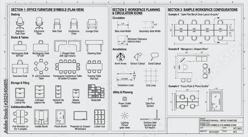 Fotografía Office furniture symbols and workspace planning standards technical drawing