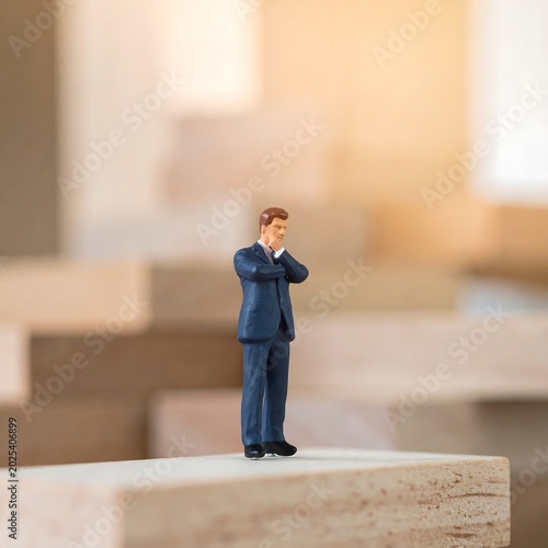 Miniature businessman contemplating on wooden blocks conceptual business idea
