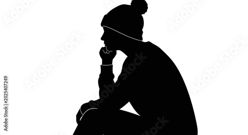 Silhouette of a person sitting with head resting on hand, deep in thought, contemplative mood, minimalist style