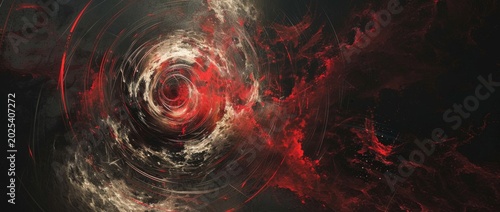 Swirling patterns and colors create an abstract scene in a digital art piece showing movement and energy in a cosmic setting