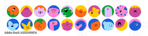 Abstract shape characters with happy and sad emotion. Circle avatars set. Cute comic amorphous blob with funny face expressions, user profiles. Flat vector illustrations isolated on white background