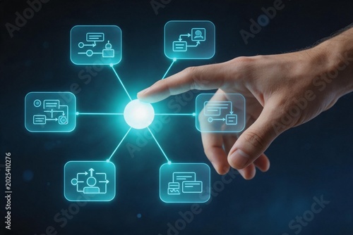 Close up hand touching AI agent node in digital workflow network