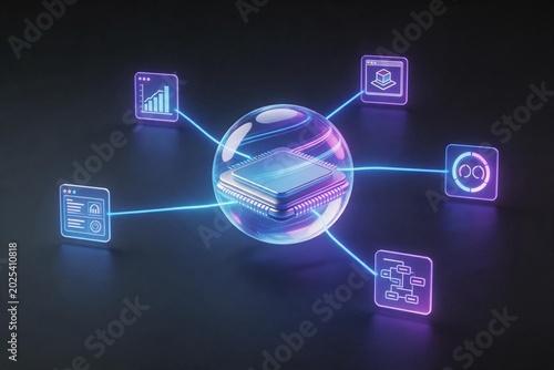 Futuristic AI agent orchestration system with connected business modules