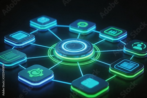 Futuristic AI agent software dashboard with connected triggers and data tools