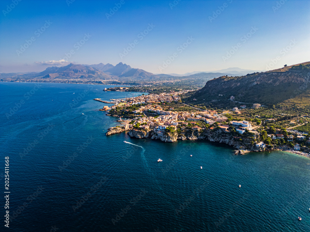 Obraz premium Sant'Elia Bay and Cape Zafferano. View from above. Beauty of the nature of the Sicilian coasts.