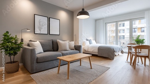 Minimal urban apartment with open living room and bedroom layout, modern Scandinavian style, natural lighting, realistic home interior photography