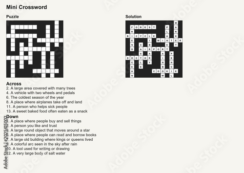 Mini crossword puzzle worksheet with complete solution and English word clues, educational brain training activity for kids and adults, printable black and white logic game on clean background