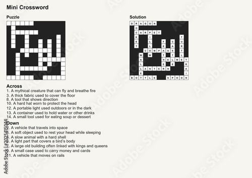 Mini crossword puzzle worksheet with complete solution and English word clues, educational brain training activity for kids and adults, printable black and white logic game on clean background