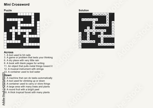Mini crossword puzzle worksheet with complete solution and English word clues, educational brain training activity for kids and adults, printable black and white logic game on clean background