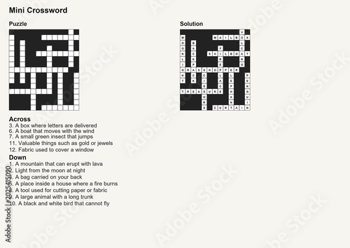 Mini crossword puzzle worksheet with complete solution and English word clues, educational brain training activity for kids and adults, printable black and white logic game on clean background