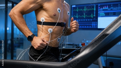 A fit man undergoes a cardiac stress test, running on a treadmill with electrodes on his chest. EKG data is displayed on a monitor in a high-tech lab.