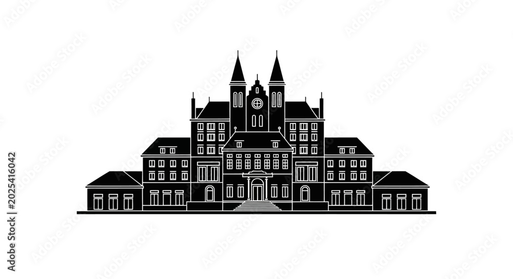 Obraz premium Black silhouette of a historic manor house icon on white background