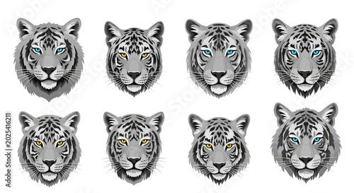 Φωτογραφία Set of White Tiger Heads with Blue and Yellow Eyes, Realistic Vector Illustratio