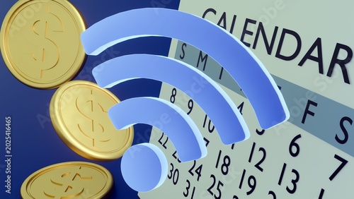 Photos A 3D rendering of Wi-Fi signal icon, a calendar and gold coins across the scene to symbolize online billing, recurring digital subscriptions, or internet-based income