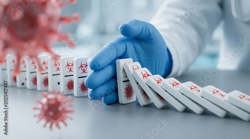 Medical professional wearing blue gloves stops a chain reaction of dominoes featuring virus and biohazard symbols, symbolizing disease control and prevention efforts.