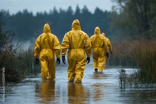 Three figures in bright yellow hazmat suits walk through shallow water in a misty, forested wetland environment.