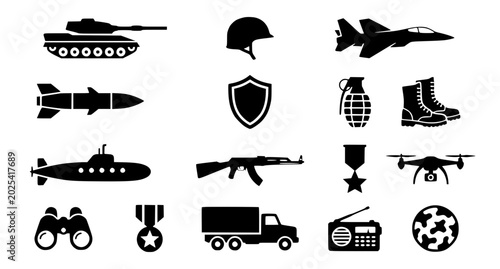 Foto War icons black flat vector set with military weapons army equipment and combat