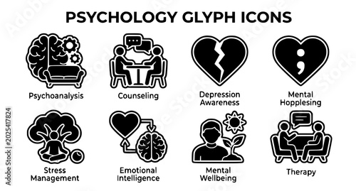 Tableau sur toile Psychology glyph icons for therapy depression stress management and mental wellb