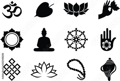 Photos Hindu and Buddhist Spiritual Symbols Vector Icon Set with Lotus Om Buddha and Dh