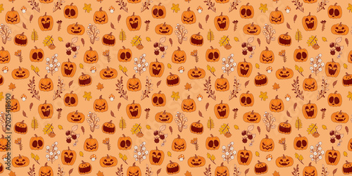 Laughing pumpkins, jack-o'-lanterns with black smiles, autumn leaves, berries, and flowers. Pattern for festival packaging and paper on orange. Trick or treat. Halloween print.