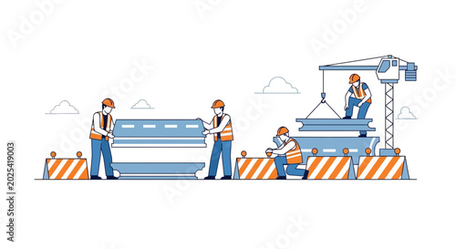 Construction workers installing concrete barriers and road segments with crane