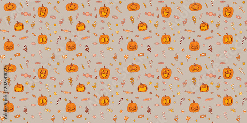 Cute orange pumpkins, jack-o'-lanterns, and cheerful faces, filled with sweets, candies, and lollipops. A pattern for festival packaging and paper on gray. Trick or treat. Halloween print.