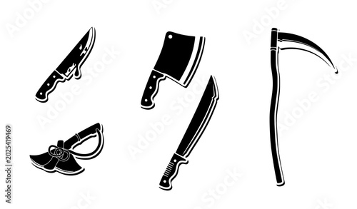 Fotografie Halloween horror weapon silhouettes knife scythe cleaver vector illustration set