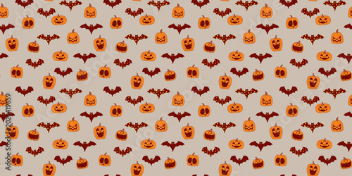 Cute Halloween orange pumpkins with angry faces and bats pattern for festival packaging and paper on gray. Trick or treat. Halloween print.