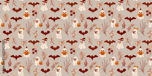 Cute Halloween cartoon ghosts pattern for a festival costume party and design on gray. Trick or treat. Cemetery dried flowers and bats for a fairytale funny print.