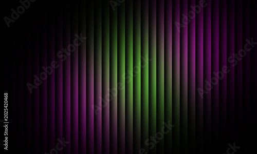 Abstract photograph showing vibrant green and purple vertical light beams creating a dynamic glowing pattern across a dark textured surface