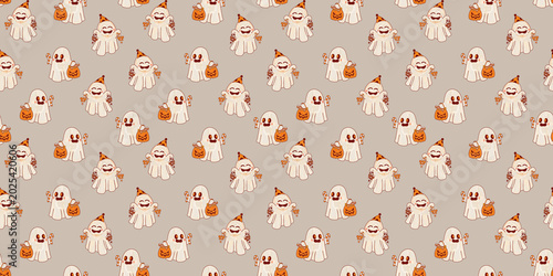 Cute Halloween cartoon ghosts pattern for a festival costume party and design on gray. Trick or treat. Sweets and pumpkins are a fun, fairytale print.