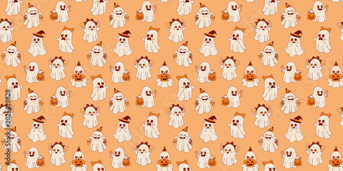 Cute Halloween cartoon ghosts pattern for a festival costume party and design on orange. Trick or treat. Sweets and pumpkins are a fun, fairytale print.