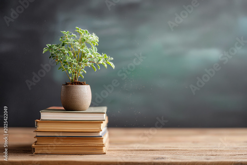 School Life Potted Plant on Books Reflecting Calm and Nature in Classroom