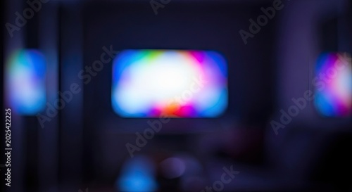 Abstract blurred television screen with colorful static noise in a dark room.