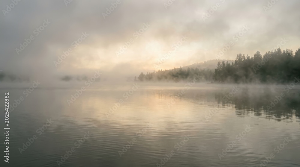 Fototapeta premium Misty morning sunrise over a tranquil lake surrounded by trees