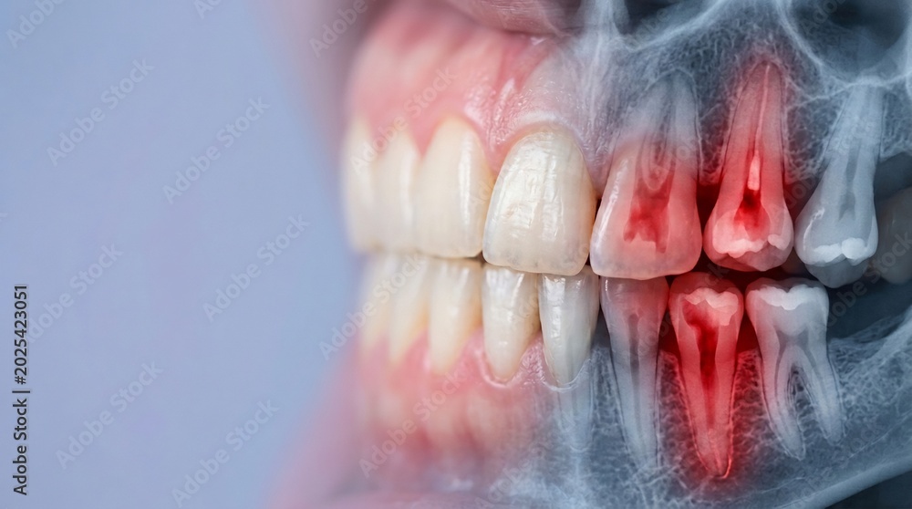 Obraz premium Medical illustration of human teeth with dental X-ray overlay showing inflammation and pain highlighted in red