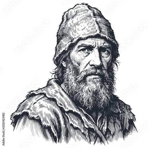 Vector engraving portrait of the legendary fictional castaway Robinson Crusoe. Vintage monochrome illustration isolated on a white background.
