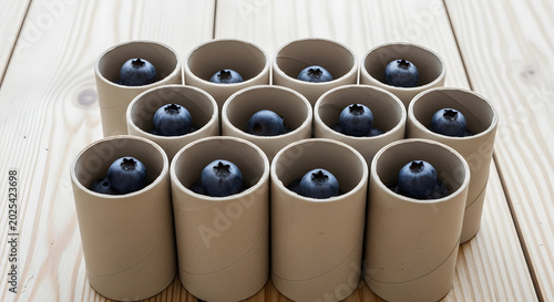 A collection of cardboard tubes containing blueberry objects on a wooden surface